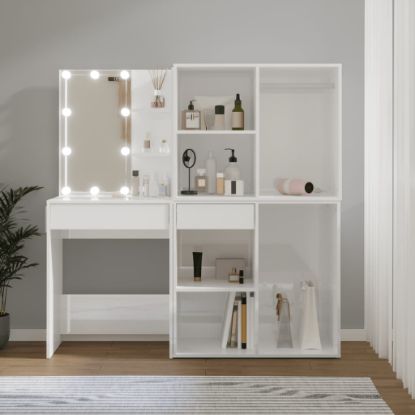 Image de Coiffeuse à LED et 2 armoires Blanc brillant Bois d'ingénierie
