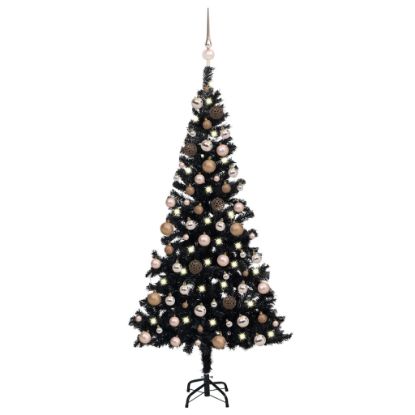 Image de Arbre de Noël artificiel pré-éclairé et boules noir 150 cm PVC