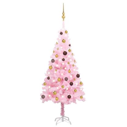 Image de Arbre de Noël artificiel pré-éclairé et boules rose 150 cm PVC