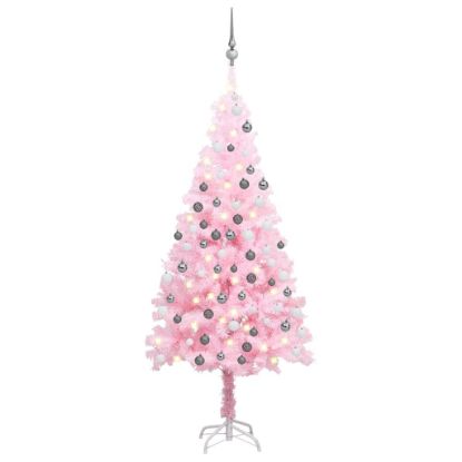 Image de Arbre de Noël artificiel pré-éclairé et boules rose 180 cm PVC