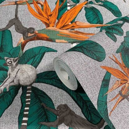 Image de Topchic Papier peint Monkey Jungle Leaves Vert et gris