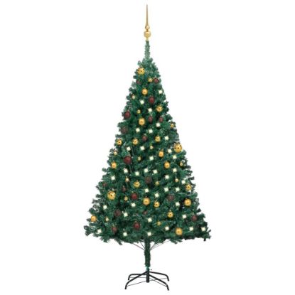 Image de Arbre de Noël artificiel pré-éclairé et boules vert 180 cm PVC