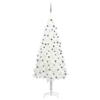 Image de Arbre de Noël artificiel pré-éclairé et boules blanc 210 cm