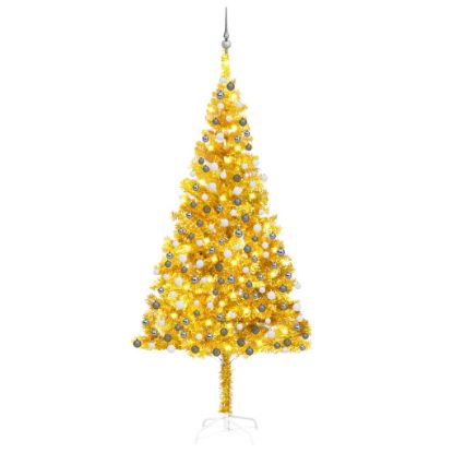 Image de Arbre de Noël artificiel pré-éclairé et boules doré 240 cm PET
