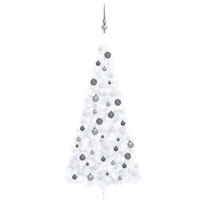 Image de Demi-arbre de Noël artificiel pré-éclairé et boules blanc 240cm