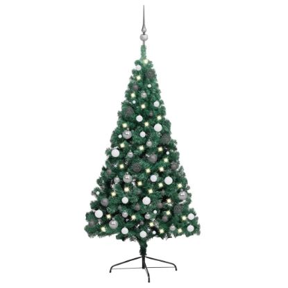 Image de Demi-arbre de Noël artificiel pré-éclairé et boules vert 240 cm